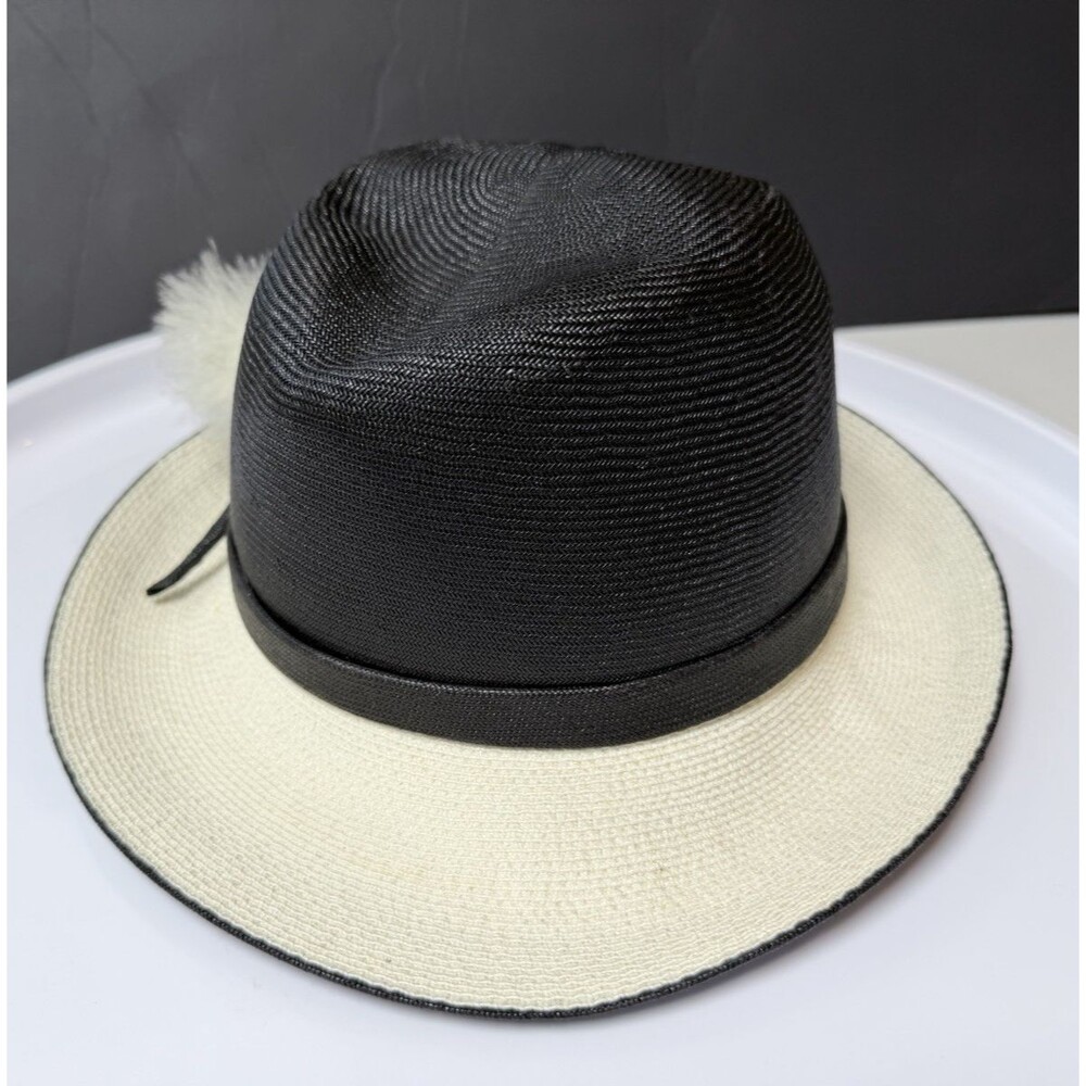 Vintage Mr John Classic Hat Black Ivory Straw Fedora delicate Pom Pom NY Paris - Picture 6 of 16